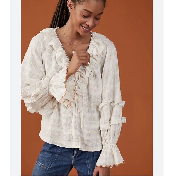 🍃💕NWT Anthropologie Chrissy Ruffled Prairie Check Peasant Blouse Size M - Picture 3 of 15